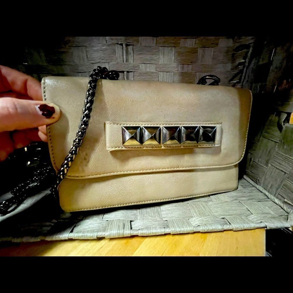 Beige Studded Crossbody with Silver Chain Strap